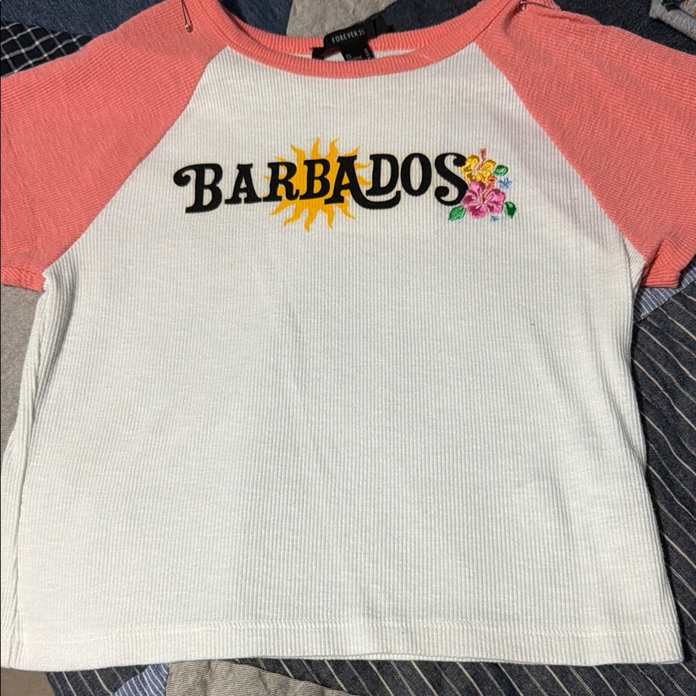 Forever 21 White Tee with Coral Pink Raglan Sleeves and Barbados Graphic